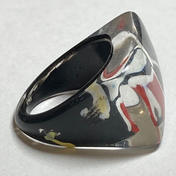 Vintage Acrylic Lucite Cocktail Ring Size 6 6.5 Black White Geometric Hand Made - Picture 4 of 8